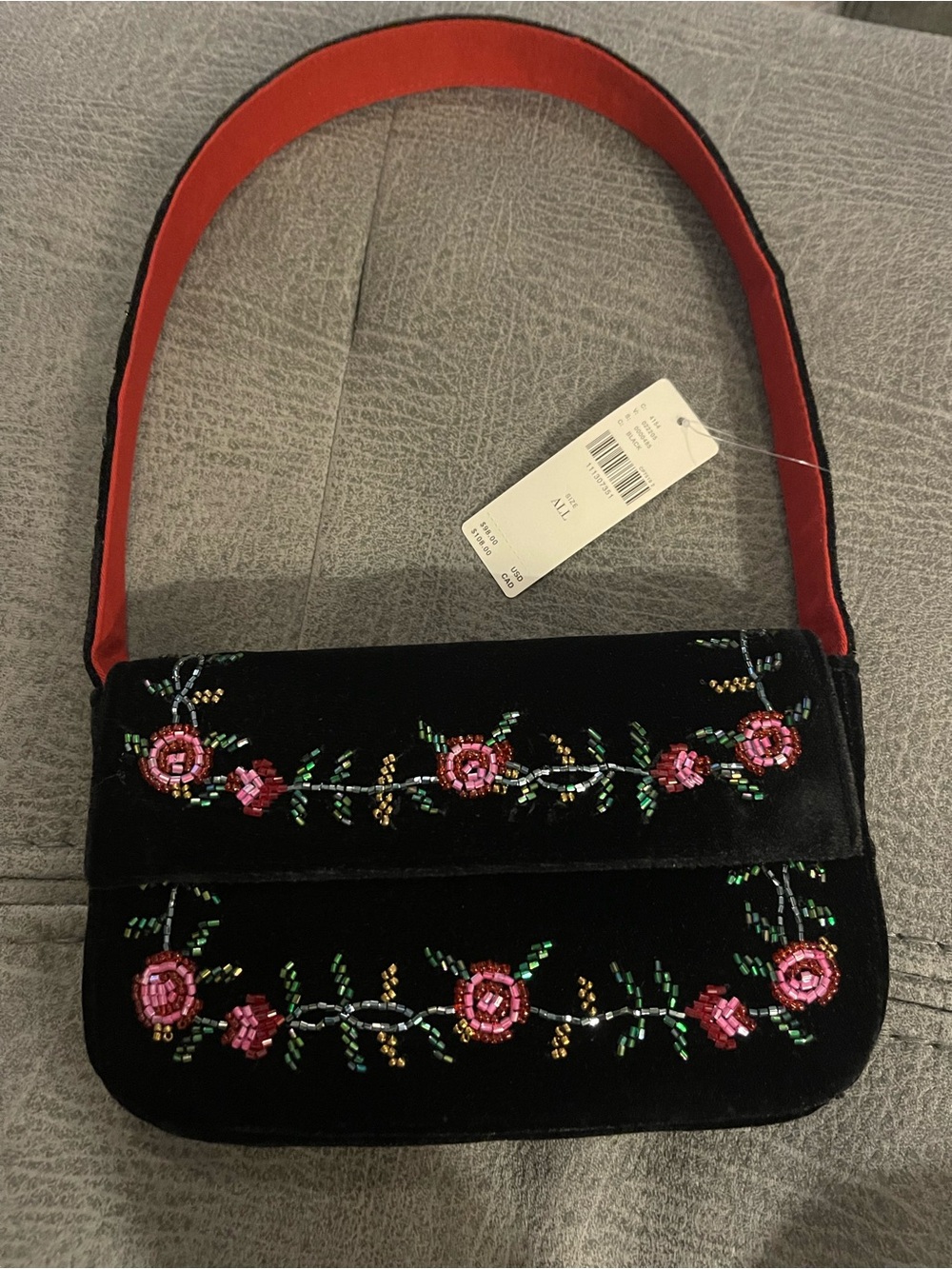 Anthropologie Limited Edition Black Velvet Floral Beaded Shoulder Bag NWT